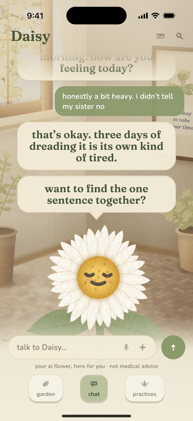 Daisy remembers that on Monday you needed to tell your sister no, asks today whether you did, and lights up with heart eyes when you say yes