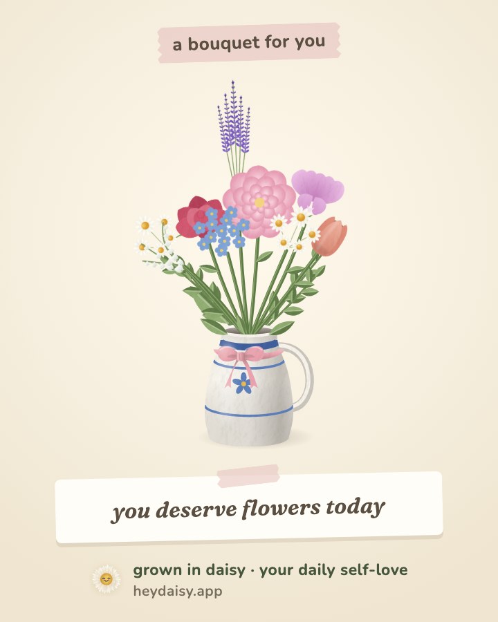a bouquet postcard from Daisy: a pink peony, a red rose, lavender behind them, sweet pea, a tulip, chamomile, forget-me-nots and lily of the valley in a blue-striped jug with a pink bow, and a note: you deserve flowers today