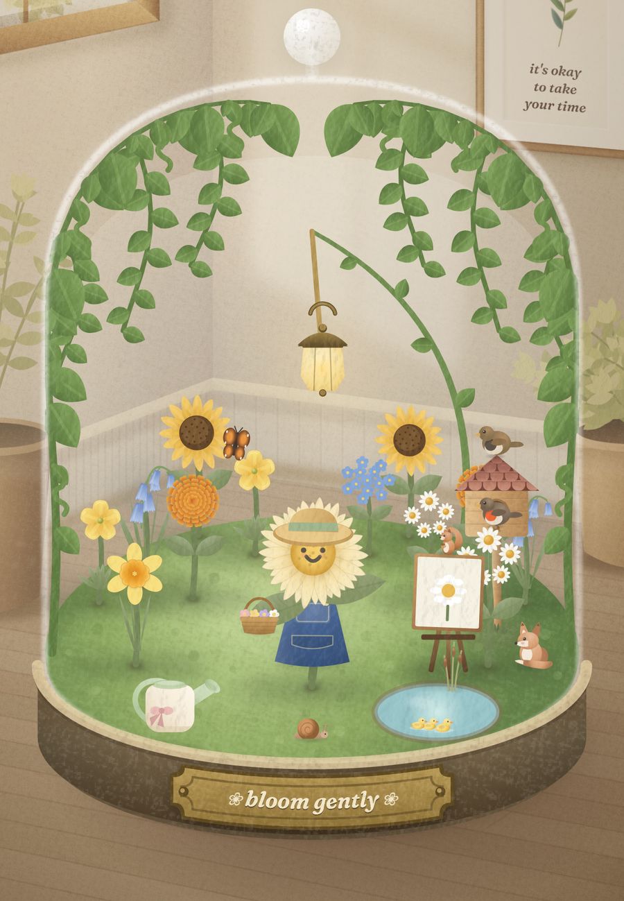 Daisy in her glass jar on a wooden floor, in a garden of sunflowers with a little scarecrow, a birdhouse and a pond, under a sign that says bloom gently